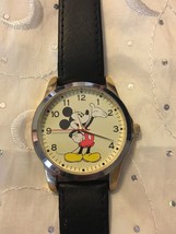 DISNEY MICKEY MOUSE WATCH 2 TONE SILVER & GOLD CASE BLACK LEATHER BAND MCK837 - $22.41