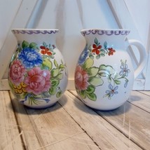 VTG Ceramic Pottery Matching Pitcher And Vase Hand Painted Floral Design Signed  - $18.32