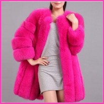 Long Full Pelt Fire Pink Fox Faux Fur O Neck with Long Sleeves Luxury Coat