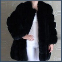 Long Full Pelt Classic Black Fox Faux Fur O Neck with Long Sleeves Luxury Coat