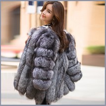Long Full Pelt Silver Blue Fox Faux Fur O Neck with Long Sleeves Luxury Fur Coat