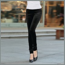 Black Stretch Velvet High Waist Front Pockets Tight Velour Legging Pants