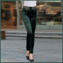 Green Stretch Velvet High Waist Front Pockets Tight Velour Legging Pants