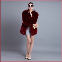 Long Full Pelt Burgundy Fox Faux Fur O Neck with Long Sleeves Luxury Fur Coat