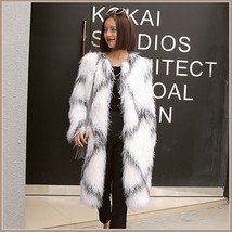 White Long Shaggy Hair Criss Cross Diamond Long Sleeve Mongolian Faux Fur Coat