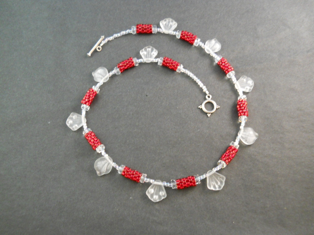 Red Beaded Bead Necklace With Frosted White Dangling Beads - Necklaces ...