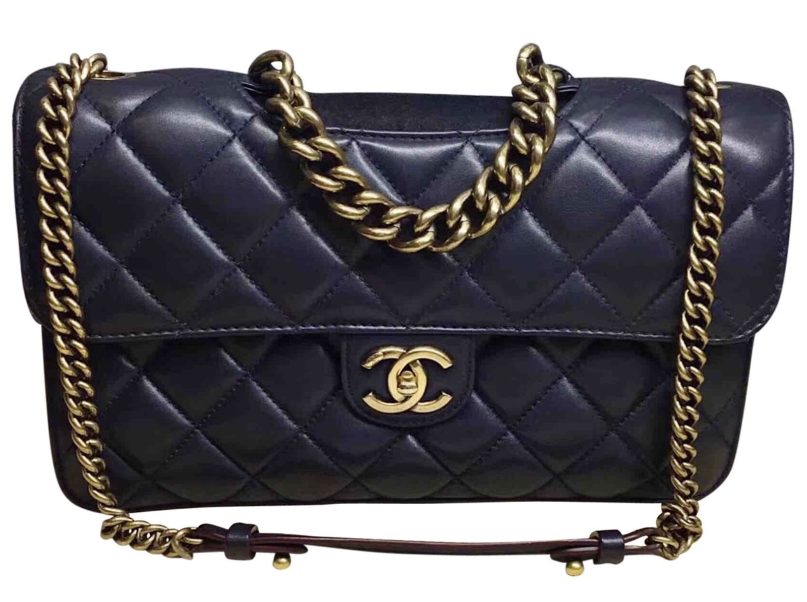 AUTHENTIC CHANEL RARE NAVY BLUE QUILTED LAMBSKIN LARGE PERFECT EDGE BAG  GOLD HW