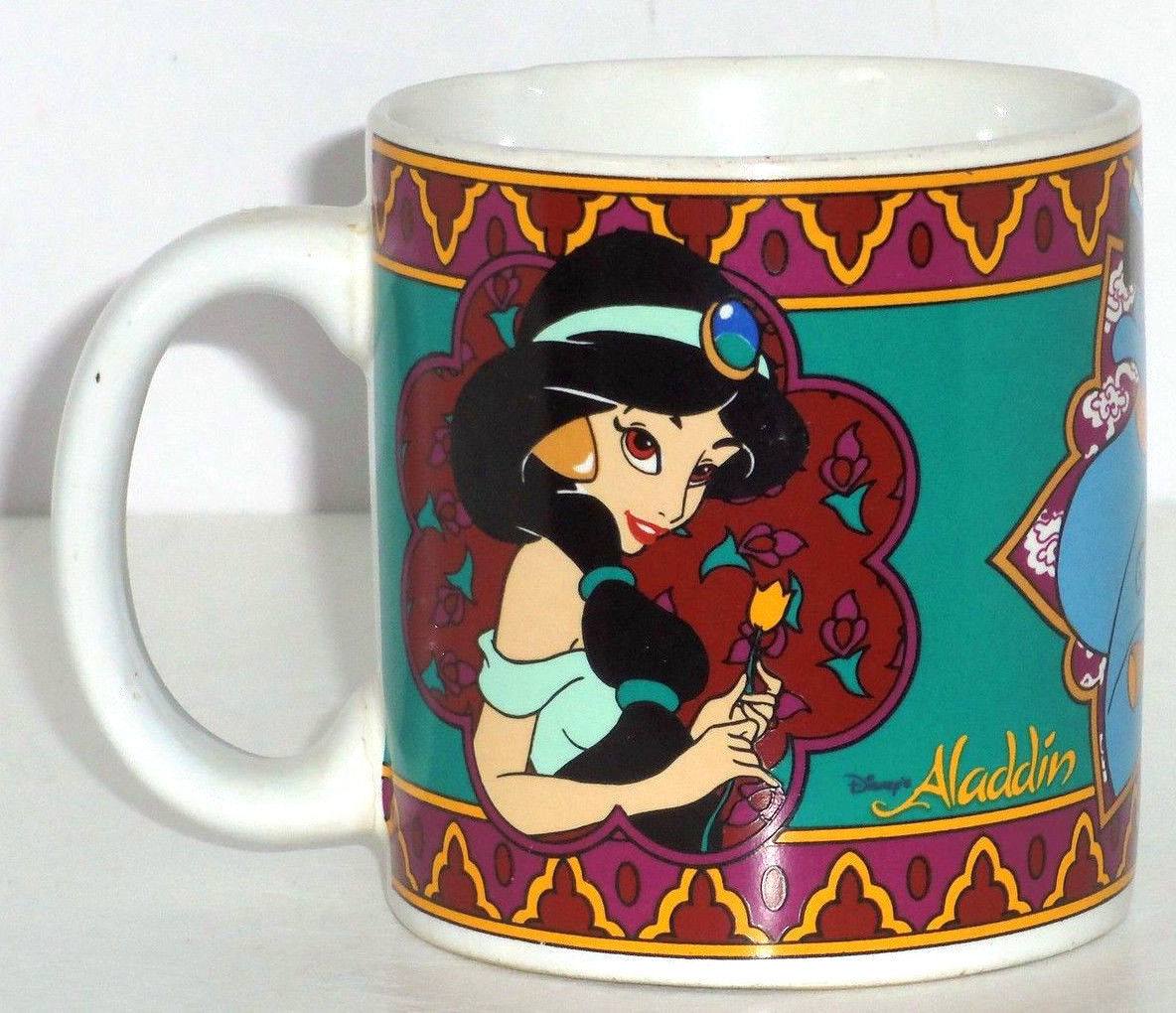 Disney Aladdin Coffee Mug Cup Aladdin Jasmine Genie Purple Teal White
