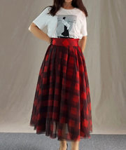 Womens Red Plaid Skirt Long Tulle Plaid Skirt - Red Check,High Waist, Plus Size image 2