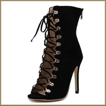 Black Lace Up Open Toe Back Zip Up Stiletto High Heel Patent Leather Ankle Boots image 2