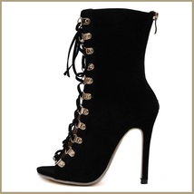 Black Lace Up Open Toe Back Zip Up Stiletto High Heel Patent Leather Ankle Boots image 3