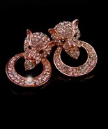 Panther Earrings - rose gold plate leopard head - rhinestone Panthers - ... - $85.00