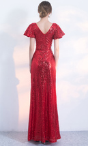 Women Sequin Maxi Dresses Cap Sleeve High Waist Maxi Sequin Dress Gold Red Black image 5