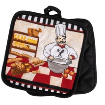 KITCHEN POTHOLDERS Set of 2 Fat Chef Pot Holder French Cook Bakery Red B... - $6.99