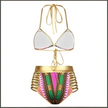 Purple Design Pattern Halter Top High Waist Gold Straps Bandage Bikini Swim Suit image 4