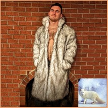 Mens Luxury Long Sleeve Dark Tipped Ivory Hair Artic Fox Faux Fur Long Coat 