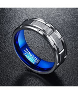  Men&#39;s 8mm Groove Lines Blue Tungsten Carbide Ring - $29.95