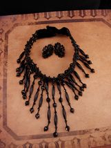Dramatic Goth Fringe necklace - Victorian jet black Clip Earrings - blac... - $185.00