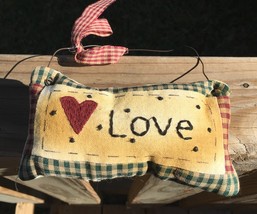  99280L Love Primitive Mini Pillow with gingham ribbon Hnags by wire - $2.95