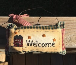 99280W Welcome Primitive Mini Pillow with gingham ribbon Hnags by wire - $2.95
