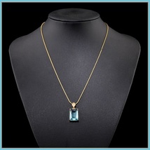 Aqua Blue Rectangle Emerald Cut Gem Stone Pendant 18K Gold Plated Chain Necklace image 2