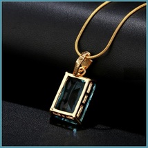 Aqua Blue Rectangle Emerald Cut Gem Stone Pendant 18K Gold Plated Chain Necklace image 4