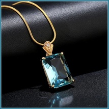 Aqua Blue Rectangle Emerald Cut Gem Stone Pendant 18K Gold Plated Chain Necklace image 6
