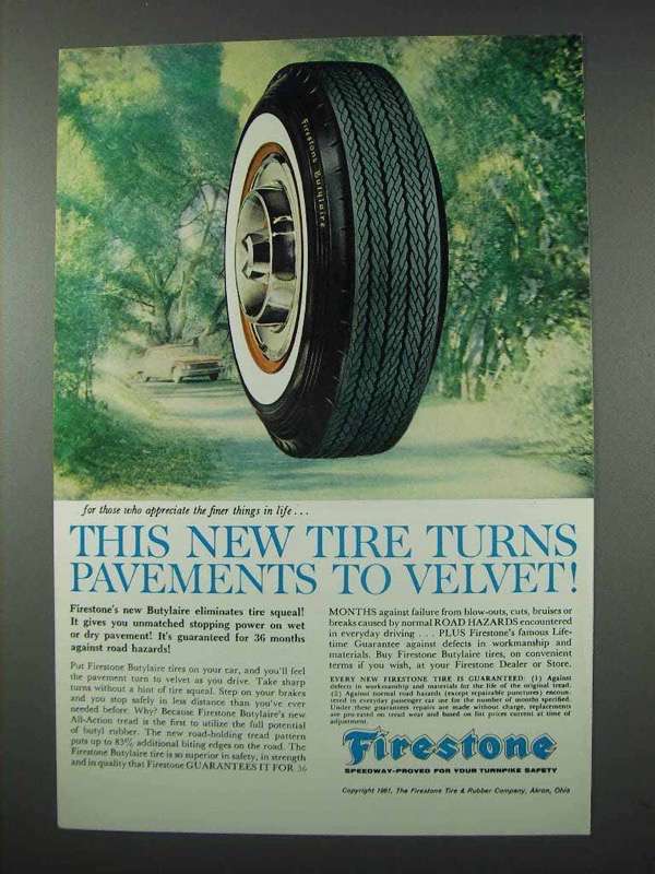 1961 Firestone Butylaire Tires Ad - Pavements to Velvet - $14.99