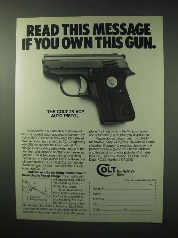 Primary image for 1984 Colt 25 ACP Auto Pistol Ad - Read this Message