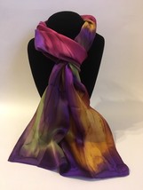 Hand Painted Silk Scarf Pink Gold Green Purple Women Unique Oblong Head ... - $56.00