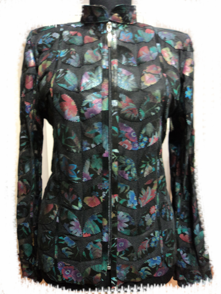 Primary image for Flower Pattern Black Leather Leaf Jacket Women All Sizes Genuine Zip Light D1