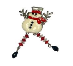 Vintage Silver White Red Crystal Moving Legs Snowman Frosty Pin Brooch Unsigned image 3