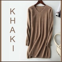Ladies Soft Mink Cashmere Long Sleeve Khaki V Neck Mini Sweater Shirt Dress  image 1