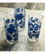 Set Of Four (3) 6” Tall 16.3oz Blue Flowers Drinking Tumbler Glasses-NEW-SHIP24H - $39.48