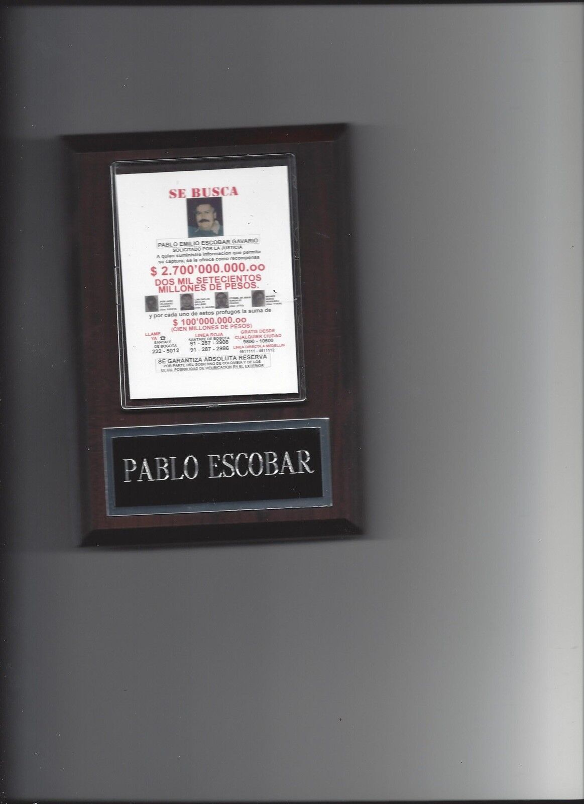 PABLO ESCOBAR WANTED POSTER PLAQUE ORGANIZED CRIME COLOMBIAN DRUG LORD ...