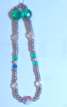 Glass Crystals w Beaded Pearls: Stretch Bracelet: Green & Pink : 7" - $14.25