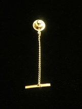 Vintage 60s Gold Hoop and Faux Pearl Tie Tack with Chain image 4