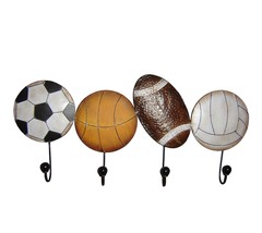 Sports Wall Plaque with 4 Hooks All Metal 24" Long Basketball Football Soccer image 1