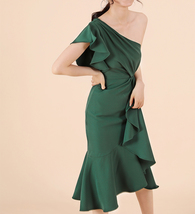 A Line One Shoulder Midi Dress Summer Wedding Bridesmaid Dress, Dark Green Blush image 9