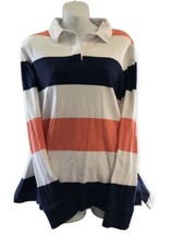 Vintage Lands&#39; End Blue White Coral Striped Cotton Rugby Shirt X Large 18 - $23.17
