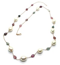 18K ROSE GOLD LONG NECKLACE ROLO CHAIN, BIG 12mm PEARLS &amp; TOURMALINE DRO... - $924.00