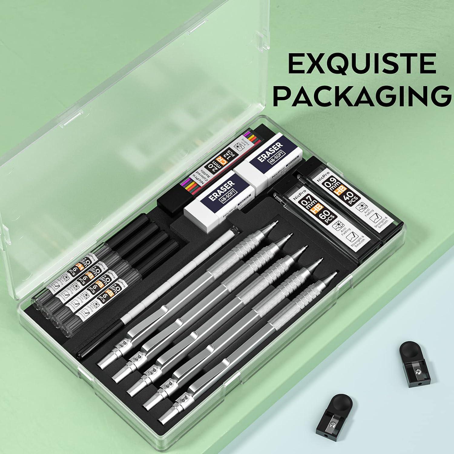 Four Candies 05mm Mechanical Pencil Set with Case - 4pcs Metal Mechanical Pencils, 6 Tubes HB #2 Lead Refills, 3pcs 4b E