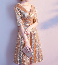 Women Knee Length Black Gold Sequin Dress Sleeved V Neck Sequin Dress Plus Size image 10