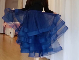 Women Ruffle Layered Tulle Skirt Navy Blue Plus Size High Waist Tier Midi Skirt image 3