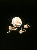  Vintage Krementz rose and gold leaves brooch and screw back earrings