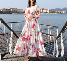 Long Sleeve Plus Size Floral Chiffon Dress Lady Maxi Long Chiffon Flower Dress  