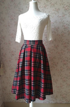 Autumn Women Plaid Skirt Pleated Plaid Skirt - High Waist, Red Check,Midi  image 6