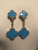 Turquoise Quatrefoil Double Hanging Gold Earring  - $55.00