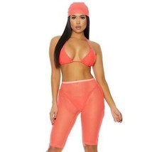 Halter Bikini Set Side Tie Bottoms Mesh Coverup Shorts Head Wrap Pink 44... - $41.24