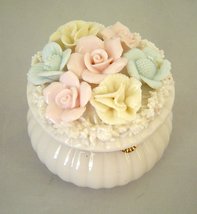   Glass Basket Trinket Box with Porcelain Flowers  Non- Hinged Lid - $16.99